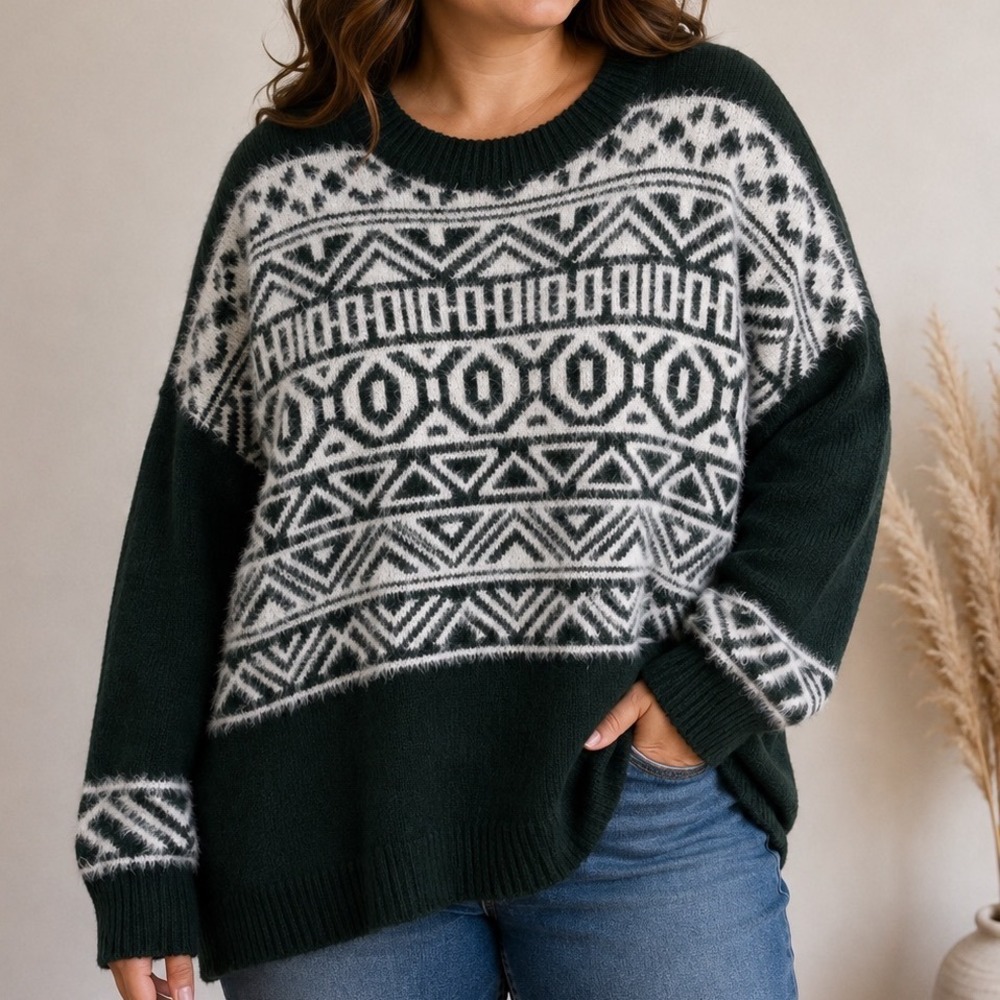 Maurices Women's XL Green Fuzzy Fair Isle Geometric Sweater Oversized Boho